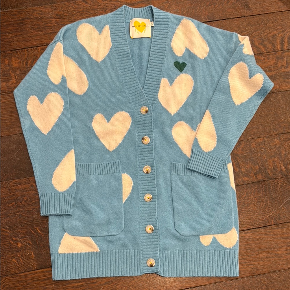 Kerri Rosenthal Blue Cardigan With Heart Pattern